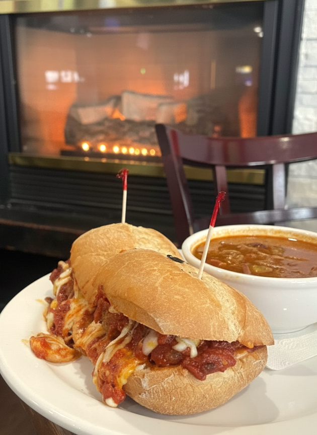 Grilled sandwich with soup by the fireplace at Gus' Bar & Grill
